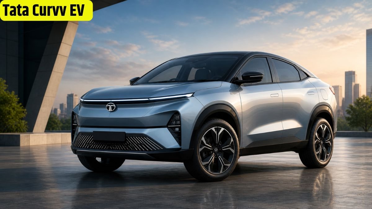Tata Curvv EV electric SUV front view with futuristic design in modern urban background